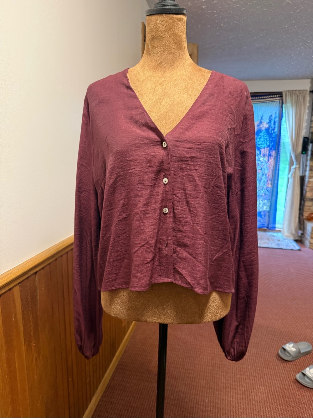 Express Burgundy V-Neck Button-Front Blouse